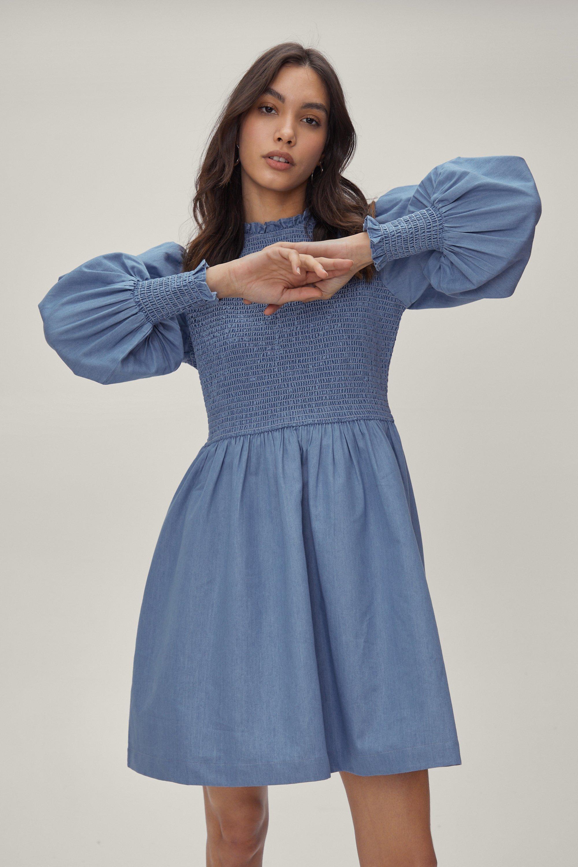 Denim Smocked Bodice Mini Skater Dress